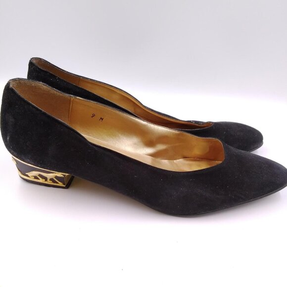 Womans Ladies Black Suede Slip On Gold Panther Heels Pumps Shoes Size 9M - Picture 1 of 9